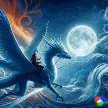 a man in a blue hat is riding a dragon in front of a full moon