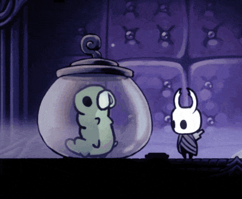a cartoon of a rabbit standing next to a glass jar with a caterpillar in it
