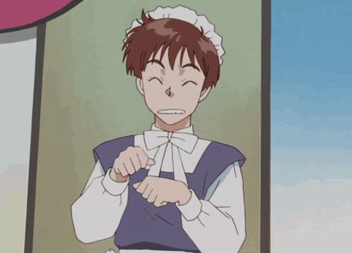 a girl in a maid outfit is smiling and making a funny face
