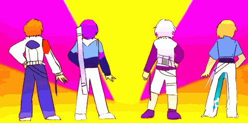 four cartoon characters are standing next to each other on a yellow and pink background
