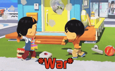 two cartoon characters are standing in front of a house and the word war is on the bottom right
