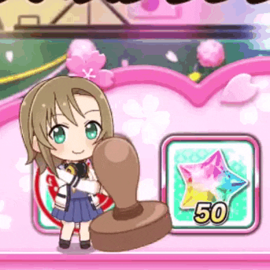 a cartoon girl is holding a stamp in front of a pink star .