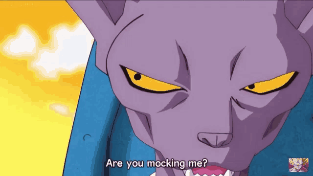 a purple cat says are you mocking me in a cartoon