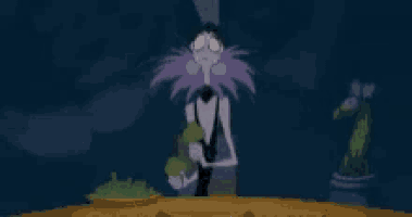 a cartoon character with purple hair and a mustache is standing in front of a statue .