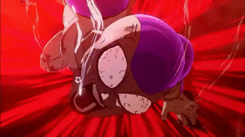 a cartoon character in a purple shirt is laying on the ground with a red background .