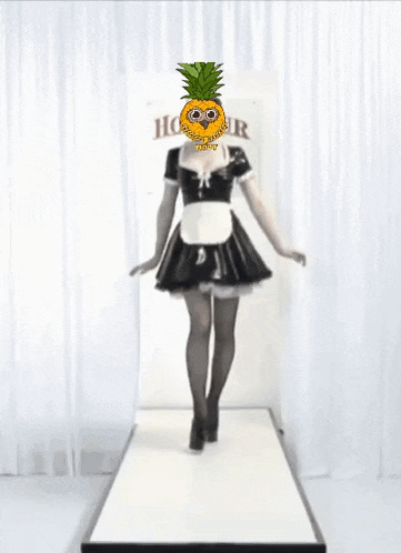 a woman in a maid costume has a pineapple on her head with the word lucky on it