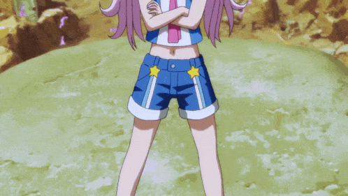 a girl with pink hair and blue shorts with stars on them