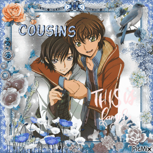 a picture of two anime characters with the words cousins written on it