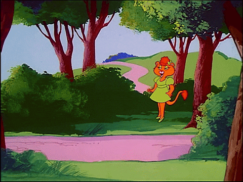 a cartoon of a lion in a green dress standing on a path