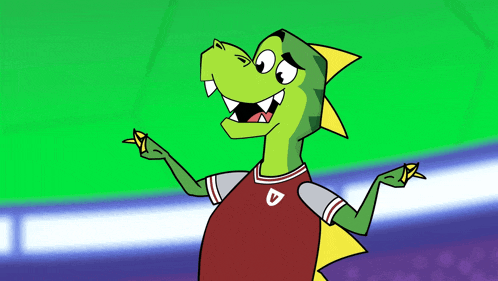 a cartoon of a dinosaur wearing a red shirt with the letter d on the sleeve
