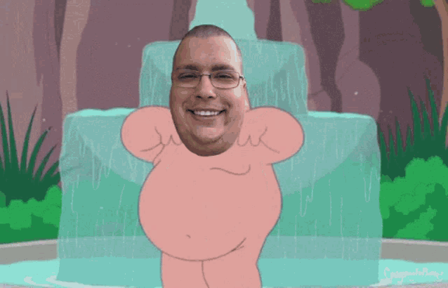 a cartoon of a man standing in front of a waterfall with a watermark that says crayonbox