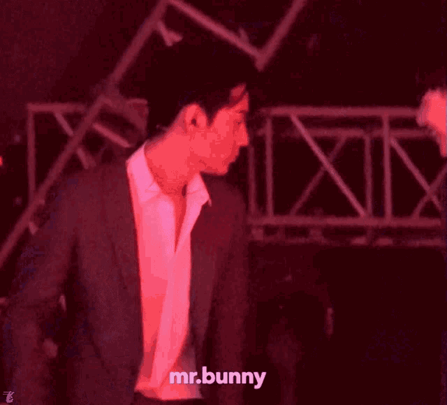 a man in a suit and white shirt is standing next to another man in a red light with the words mr.bunny below him