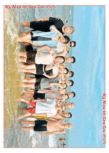 a group of people posing for a picture on a beach with the year 2025 written on the bottom