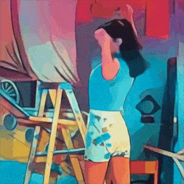 a cartoon of a woman standing next to a ladder in a room .