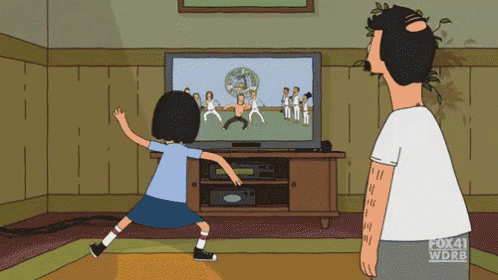 a cartoon of a man and a girl dancing in front of a fox 41 wdrb television