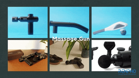 a massage gun is displayed in a collage of images