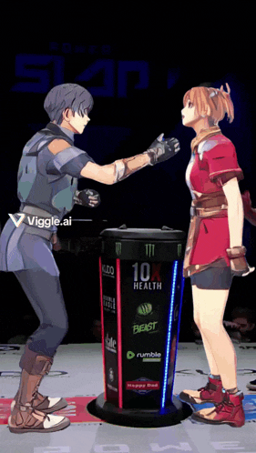 a man and a woman standing in front of a 10x health drink