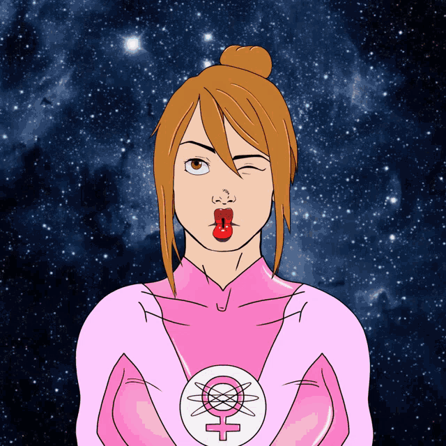 a woman with a female symbol on her chest winks