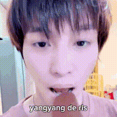 a close up of a person 's face with the words yangyang de ris written on the bottom .