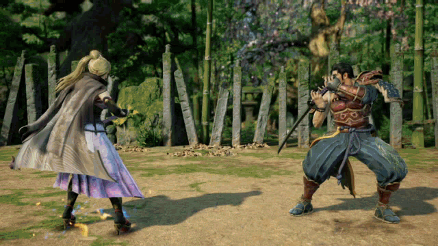 a man and a woman are playing a video game with swords