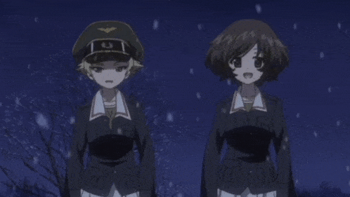 two anime characters are standing next to each other with one wearing a hat with the letter j on it