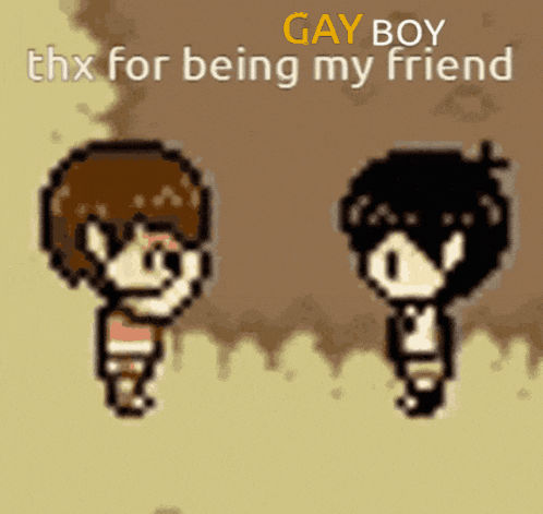 two cartoon characters are standing next to each other with the words gay boy thx for being my friend written above them