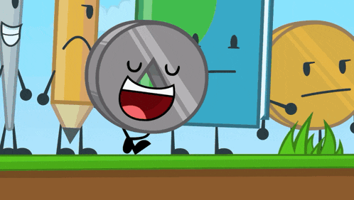 a group of cartoon characters including a pencil and a penny