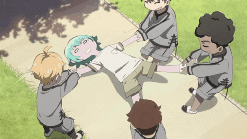 a group of children are playing tug of war with a blue haired girl