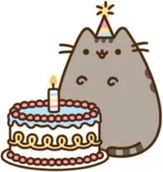 a cartoon cat wearing a party hat stands next to a birthday cake
