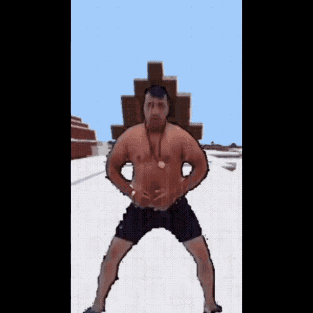 a man without a shirt is dancing in front of a pyramid in a video game