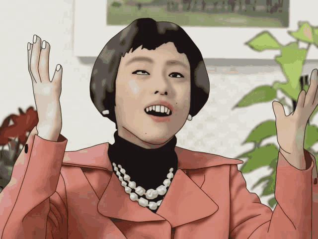 a cartoon drawing of a woman wearing a pink jacket and pearls