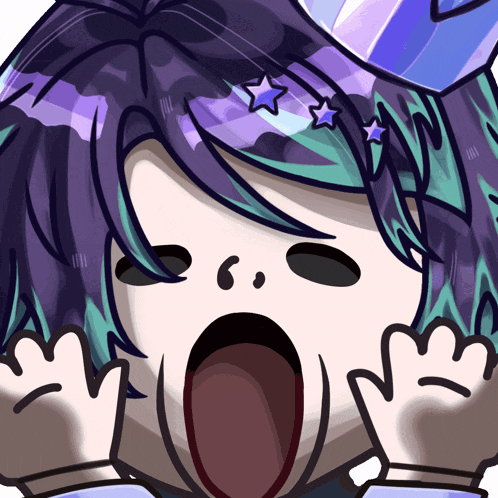 a cartoon drawing of a girl with purple and green hair making a surprised face