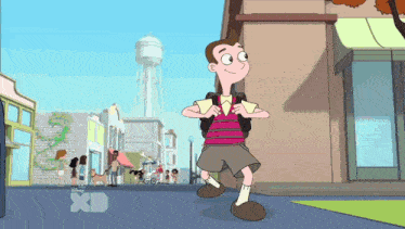a cartoon character is walking down a street with a disney xd logo in the background