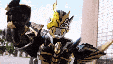 a man in a black and gold costume is standing in front of a large building