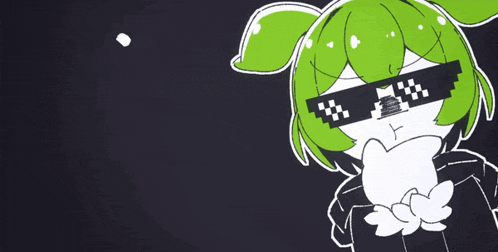 a cartoon character with green hair wearing sunglasses with the letter p on them