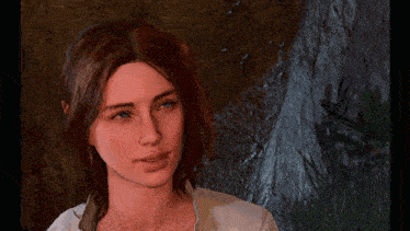 a close up of a woman 's face with a tree in the background