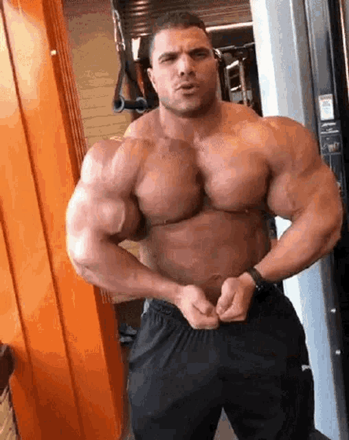 a very muscular man is standing in a gym with his arms outstretched .
