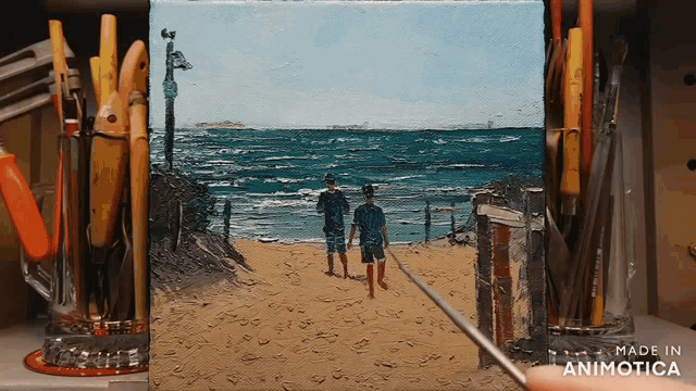 a painting of two men standing on a beach is made in animatica