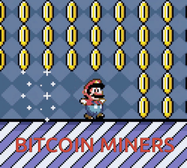 a pixel art of mario with the words bitcoin miners on the bottom