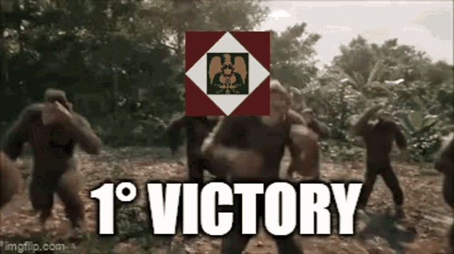 a group of monkeys are running in a field with the words " 1st victory " in the foreground