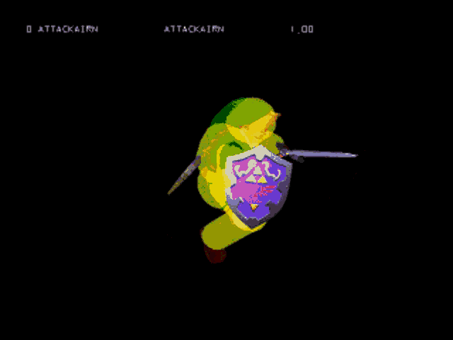 a video game screen shows a link holding a sword and a shield