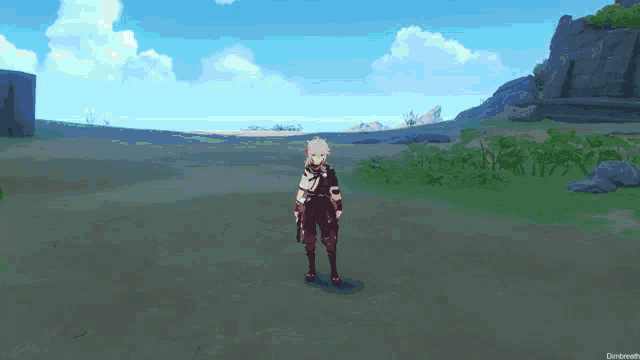 a video game character is standing in a field with a mountain in the background