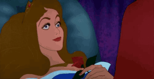 a cartoon of sleeping beauty holding a rose in her hand .