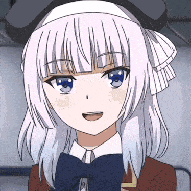 a girl with white hair and blue eyes is wearing a hat and a bow tie