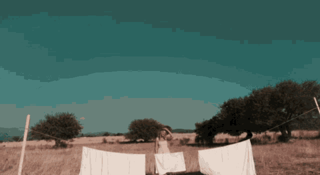 a woman is standing in a field with clothes hanging on a line