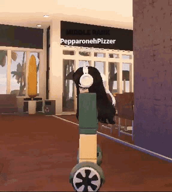 a girl wearing headphones is standing in front of a sign that says middle bank