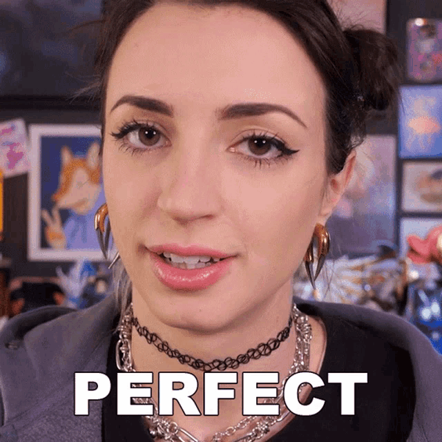a woman is wearing a choker and earrings with the word perfect below her