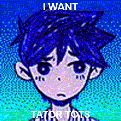 a pixel art of a boy with blue hair and the words `` i want tator tots '' written on it .