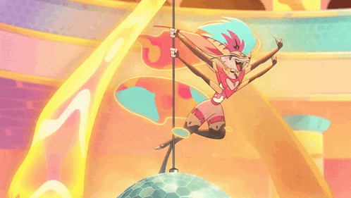 a cartoon character is dancing on a disco ball .