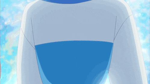 a girl with blue hair is wearing a white and blue dress